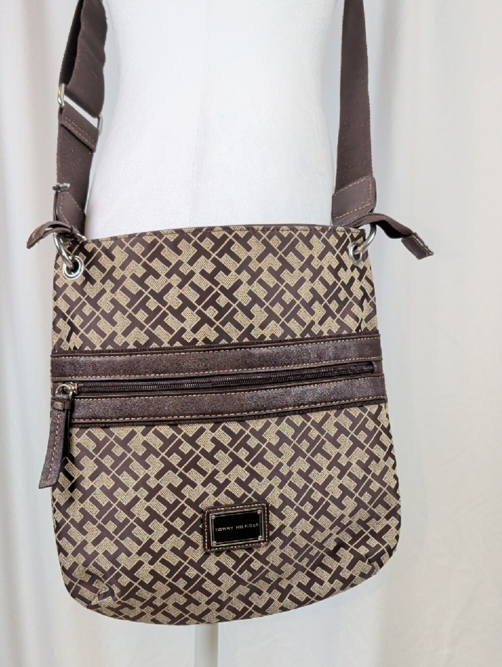 Tommy Hilfiger Brown Monogram Jacquard Crossbody Bag Purse